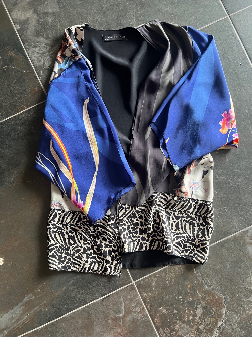 Zara Multicolor Floral & Animal-Print Silk-Blend Kimono Jacket